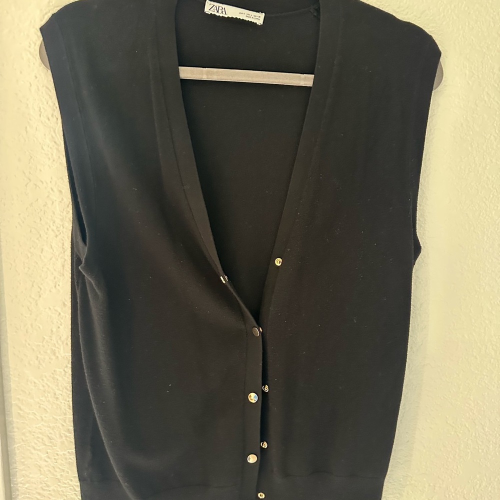 Black Sleeveless Cardigan with Button Detail